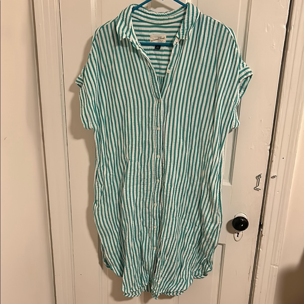 Green and White Striped Button-Up Dress
